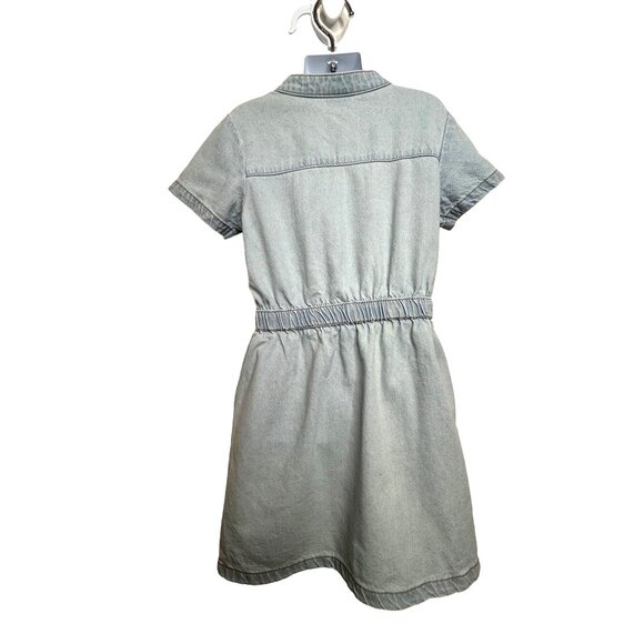 Cotton On Kids Girl Light Blue Denim Dress 6 Snap Buttons Short Sleeve Band Neck - Picture 4 of 16
